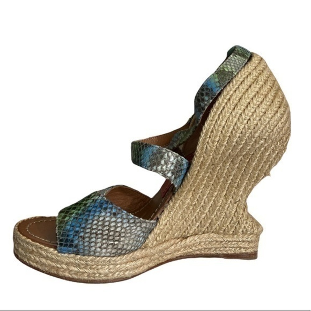 Paloma Barcelo sculpted platform heels green blue python embossed leather